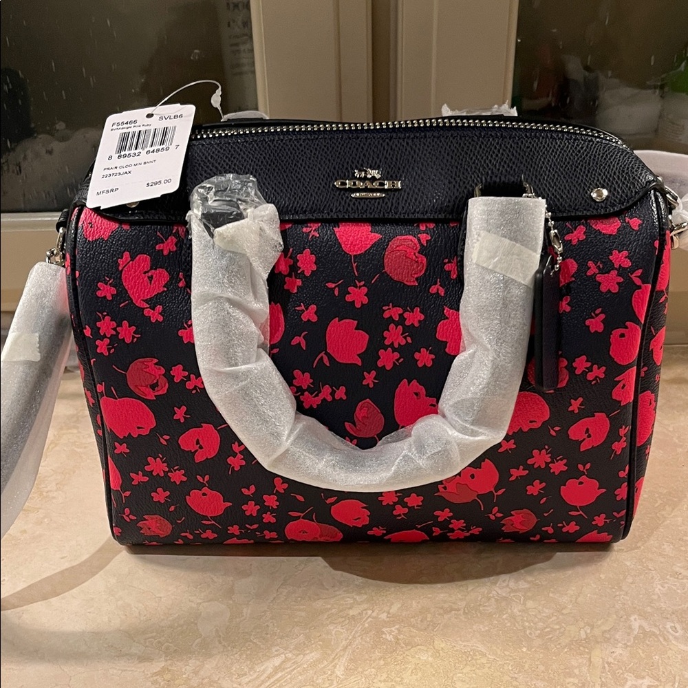 COACH Floral Mini Bennet 2 way Coated Canvas Satchel Navy Pink F55466